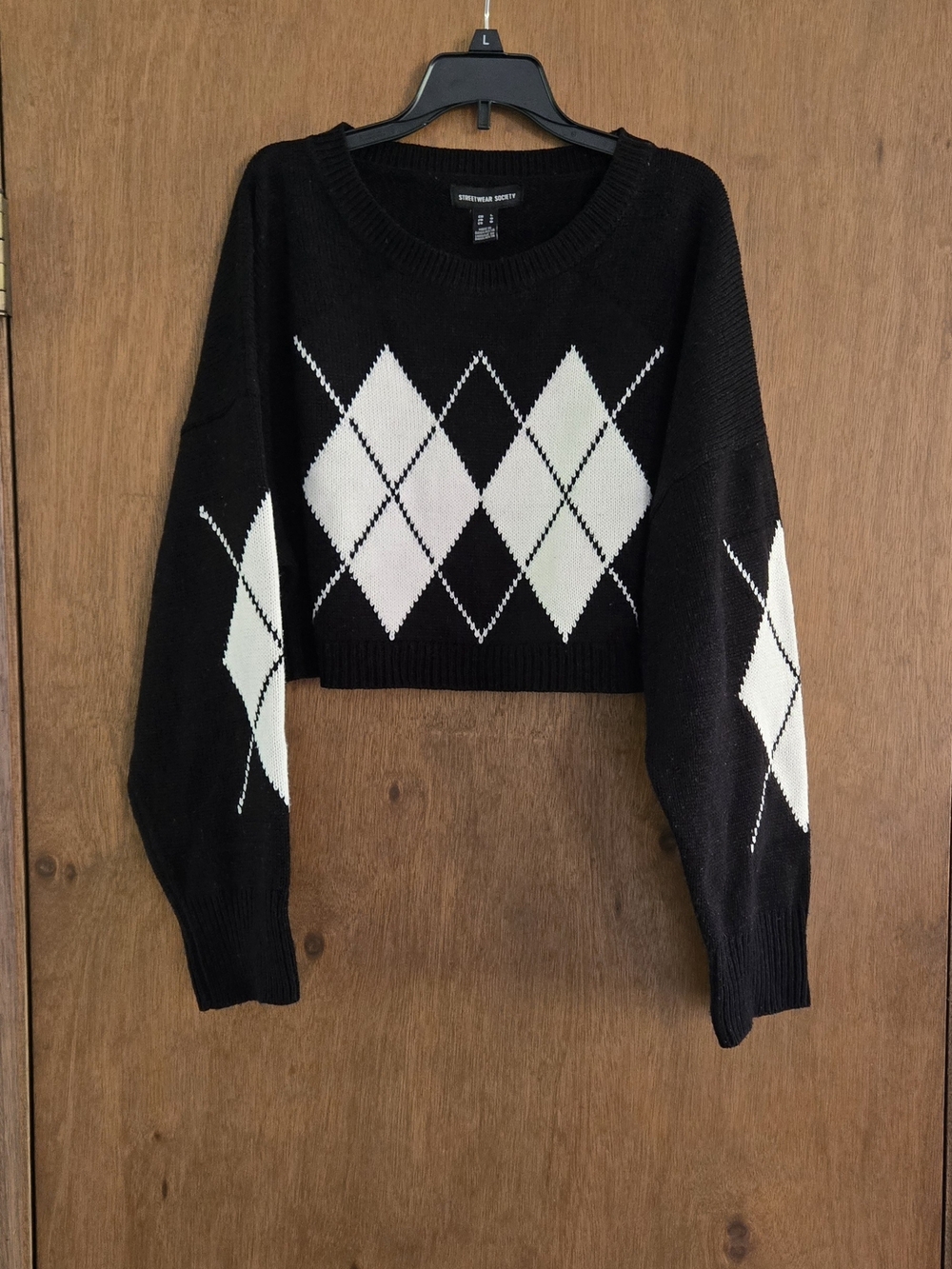 Streetwear Society Black & White Argyle Cropped Crew Sweater